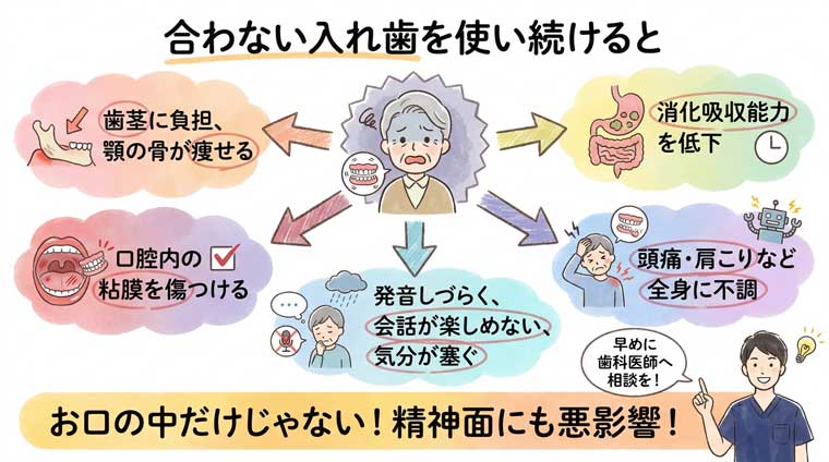 合わない入れ歯を使い続けるとの図解