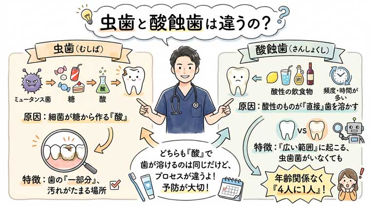 虫歯と酸蝕歯は違うの？の図解