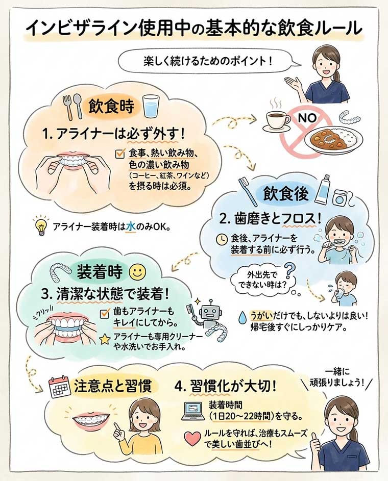 インビザライン使用中の基本的な飲食ルールの図解