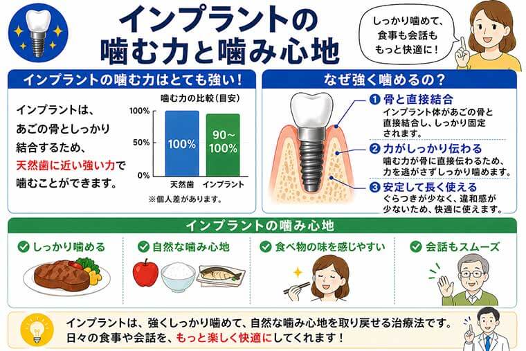 インプラントの噛む力と噛み心地の図解