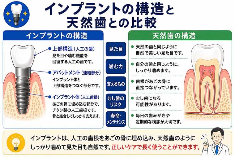 インプラントの構造と天然歯との比較