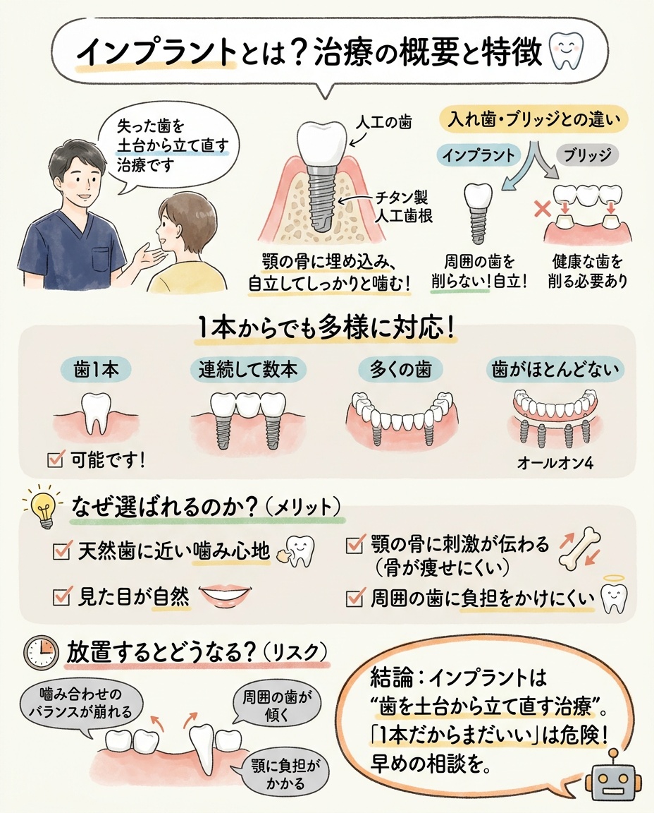インプラントとは？治療の概要と特徴の図解