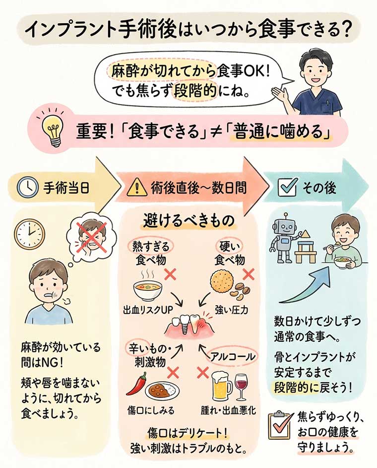 インプラント手術後はいつから食事できる？の図解