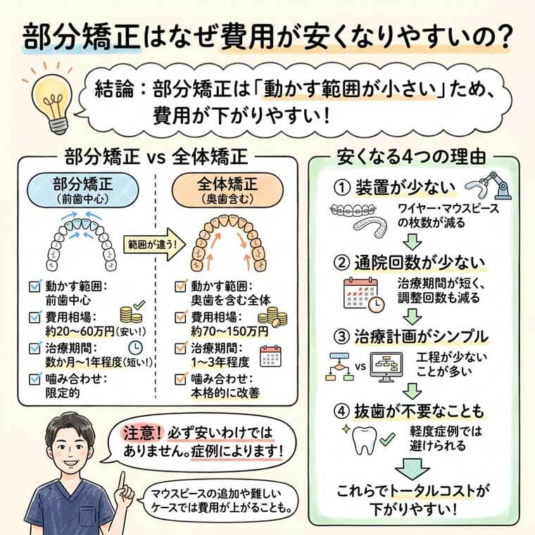 部分矯正はなぜ費用が安くなりやすいの？の図解