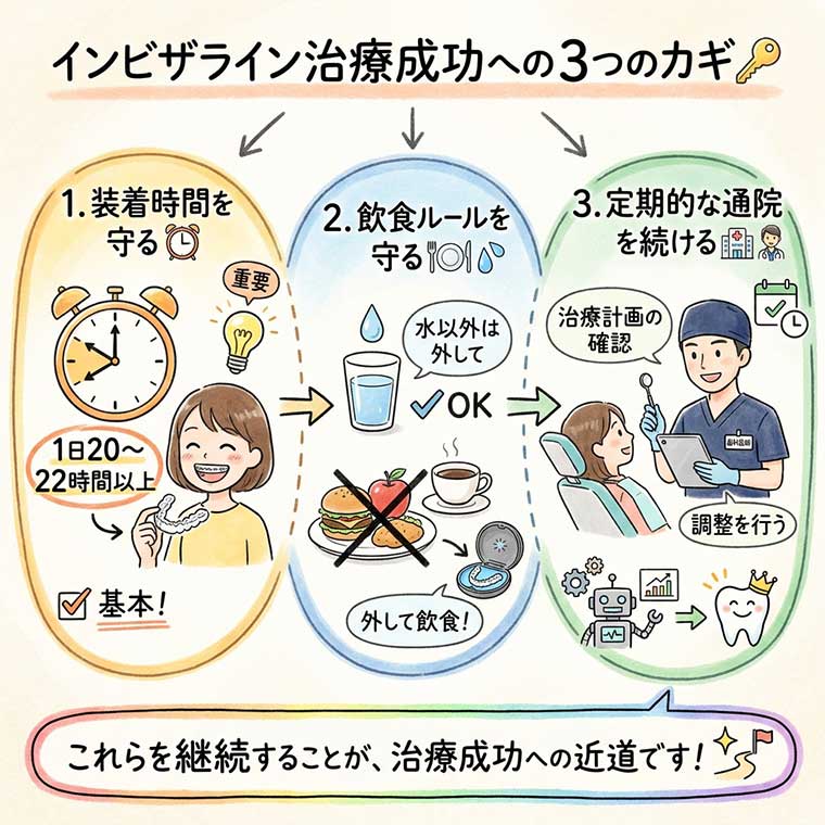 インビザライン治療中に大切な3つのポイントの図解
