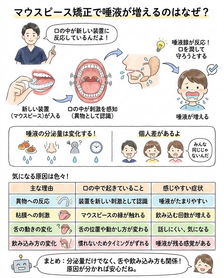 マウスピース矯正で唾液が増えるのはなぜ？の図解