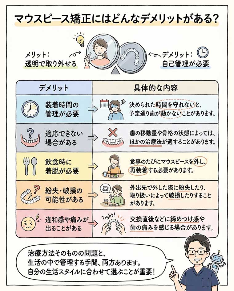 マウスピース矯正にはどんなデメリットがある？の図解